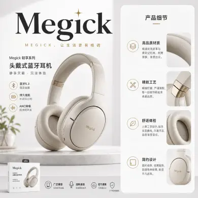 设计一款蓝牙耳机，讲解蓝牙耳机的细节，品牌名为： Megick ， 右侧增加细节描述