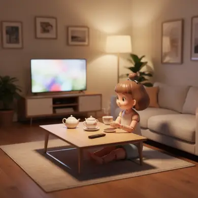 生成一只3D的玩偶公仔，场景在房间上， 玩偶公仔体积和人差不多大， 在房...