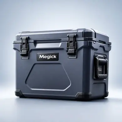 Megick品牌户外保温箱，主图电商海报风，产品居中占画面70%，主体突...
