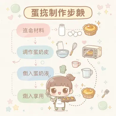 制作蛋挞可爱手绘涂鸦信息图，线条柔和圆润带手工感；米白 / 浅奶油底色，...