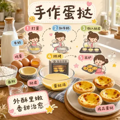 在温暖明亮的家庭厨房场景中，一张正在制作蛋挞的可爱手绘涂鸦信息图自然融入...